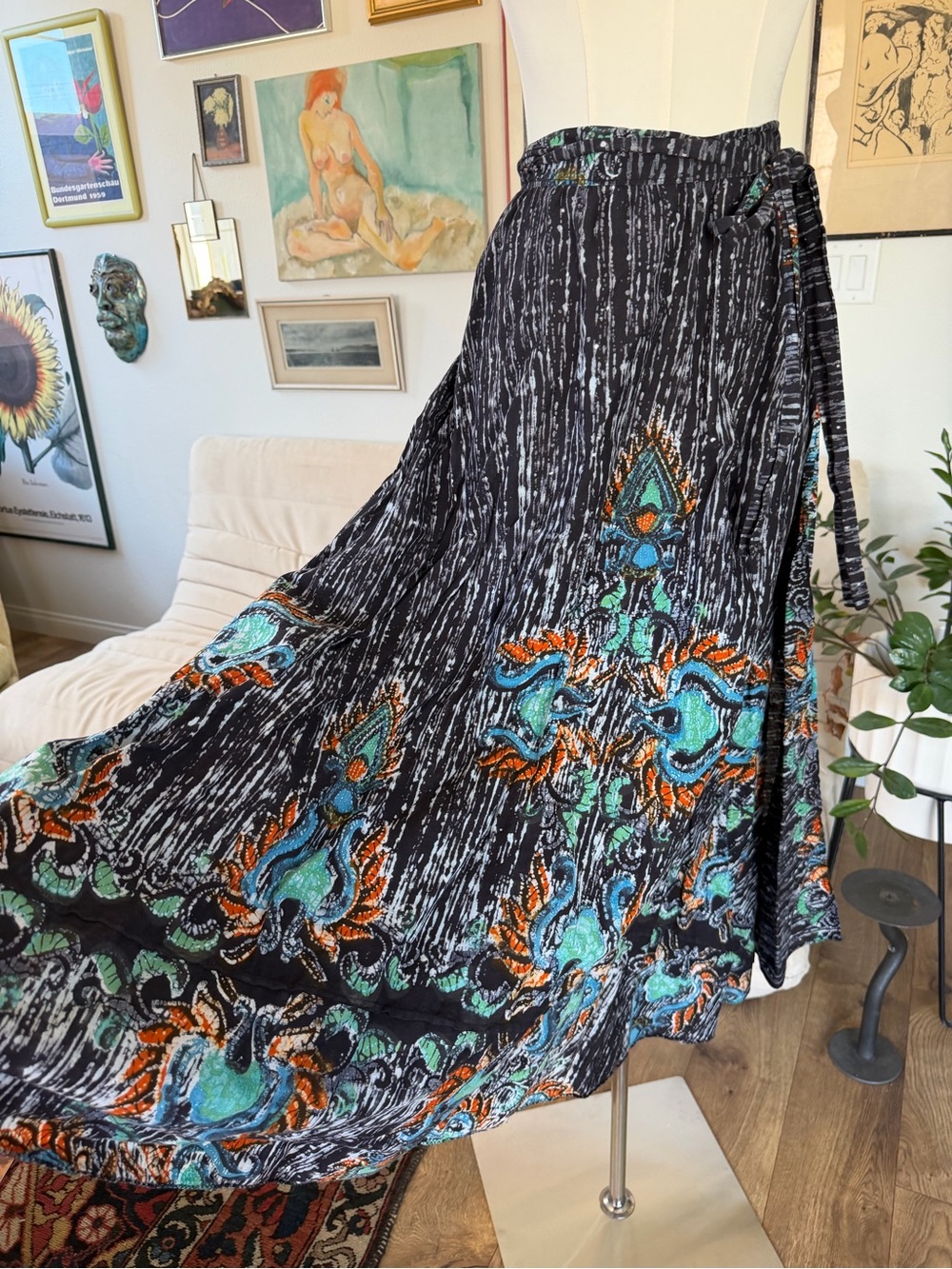 Vintage Black Wrap Maxi Skirt with Teal & Orange Psychedelic Floral Motif #boho